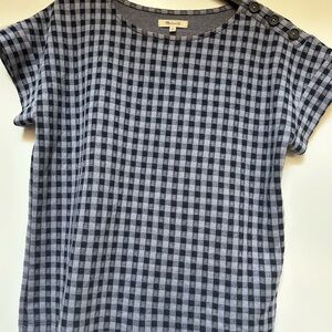 Madewell SZ S Gingham Knit Button Shoulder Crop Short Sleeve Boxy Top Blue Boho